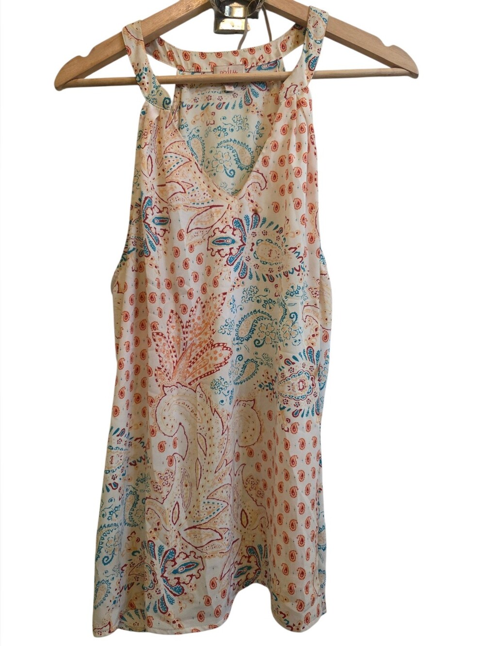 Pixkley Boho Creamy White With Orange & Teal Paisley Print Flowy Tank Top EUC L